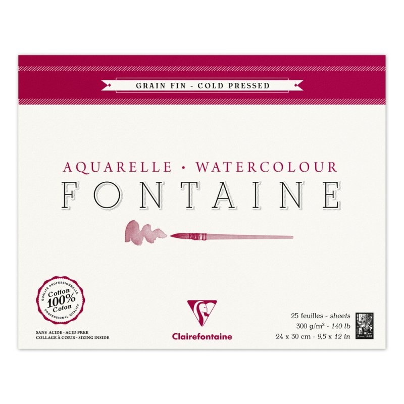Clairefontaine Fontaine Aquarelblok 300 g Fijne Korrel - 24 x 30 cm - 4 zijden gelijmd - 25 hojas