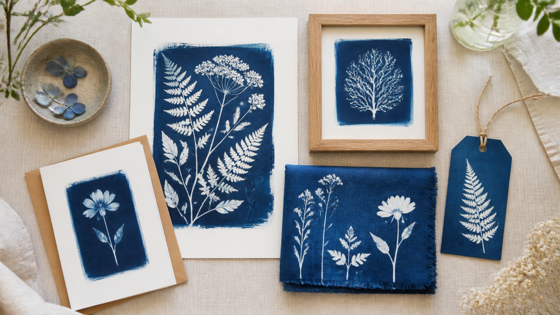 Colección de proyectos creativos de cianotipia sobre papel, tela y accesorios decorativos
