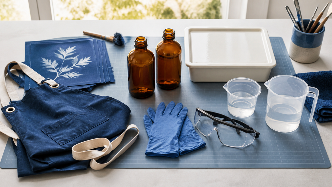 Espacio de trabajo de cianotipia seguro con guantes y materiales etiquetados