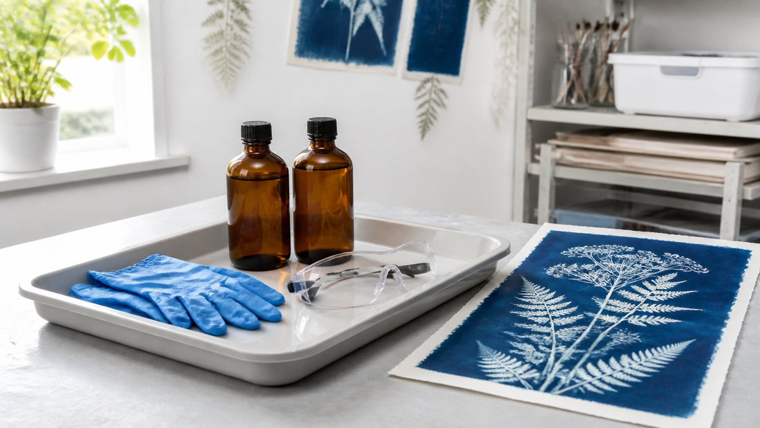 Materiales seguros para cianotipia con guantes y frascos de productos químicos cerrados