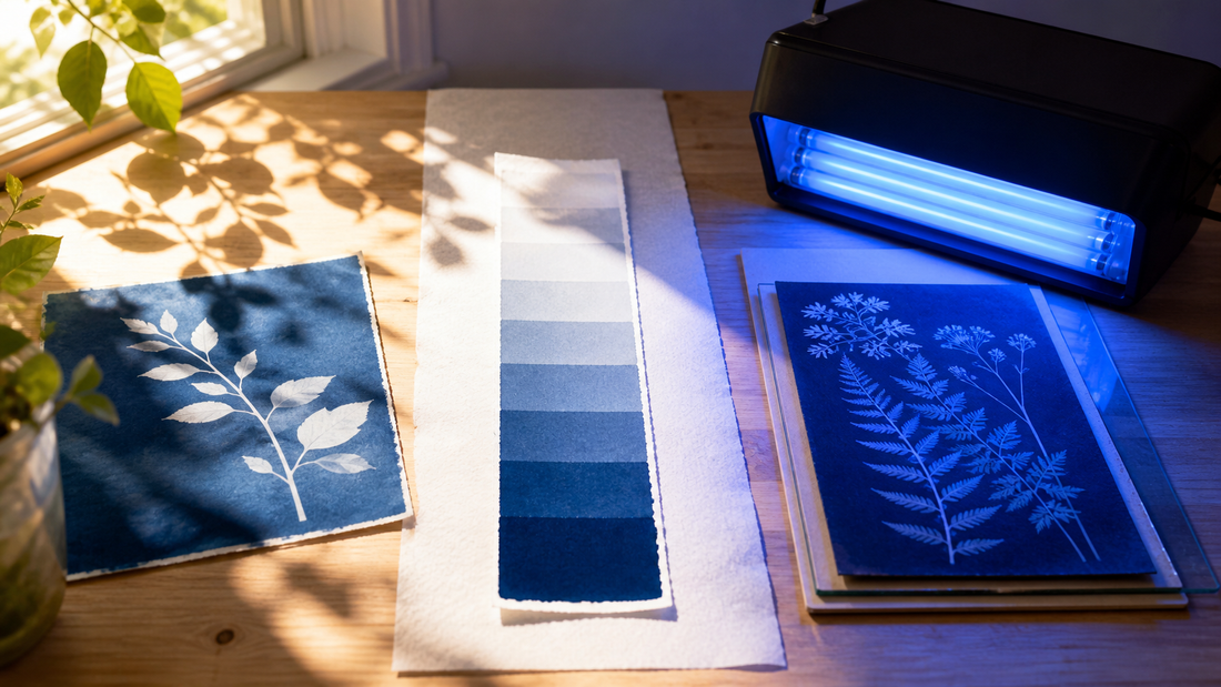 Exposición de cianotipia a la luz solar con tiras de prueba y materiales UV