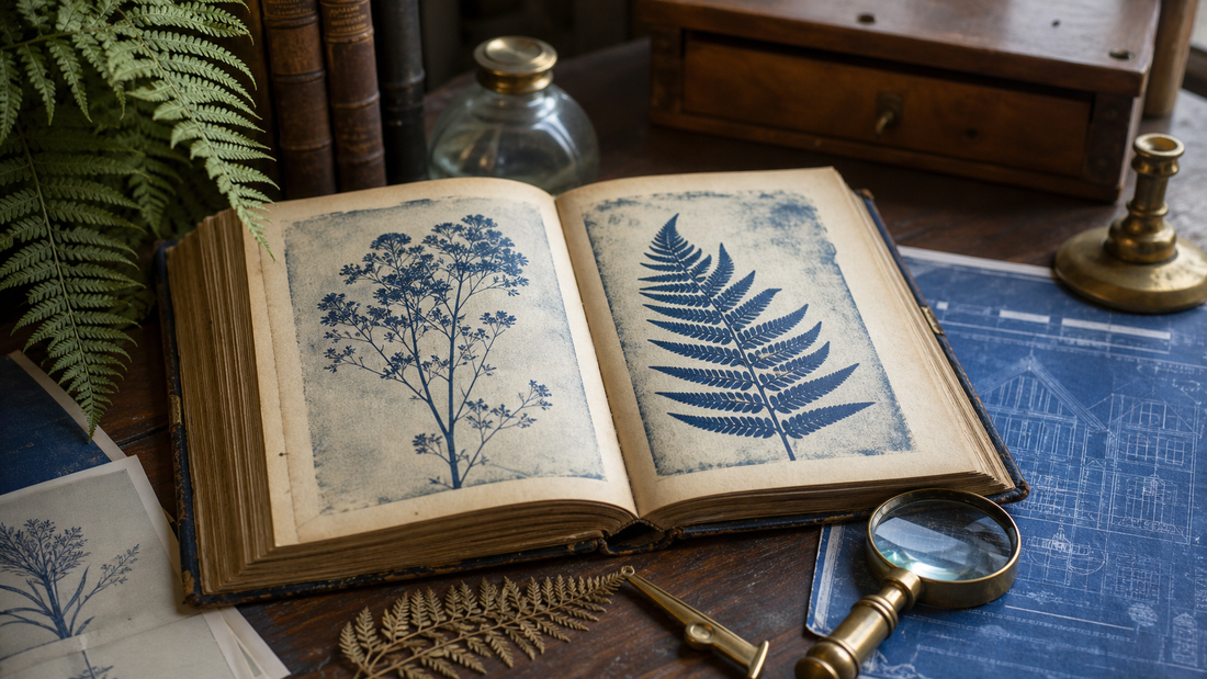 Planos históricos en cianotipia y una impresión botánica moderna, uno junto a otro