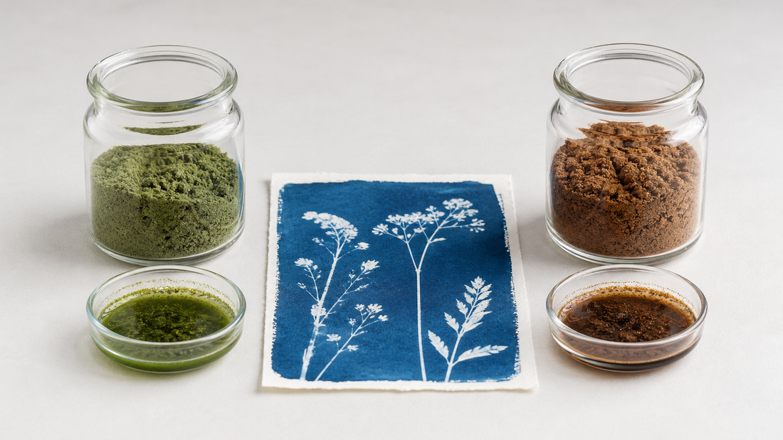 Citrato férrico amónico verde y marrón junto a productos químicos para cianotipia