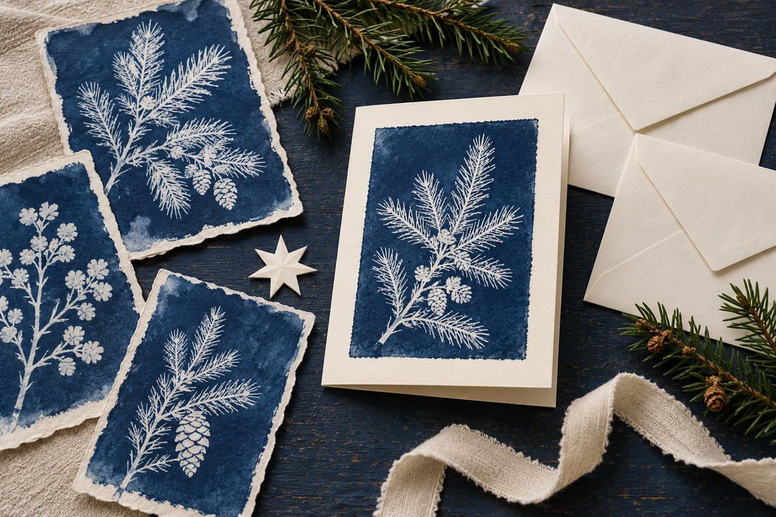 Ilustración de cianotipias botánicas azules, una tarjeta navideña crema, estrellas de papel y sobres