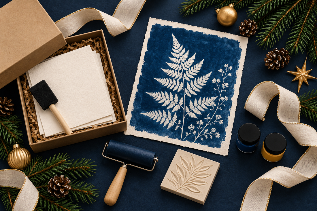 Ilustración de regalos creativos con papel, pincel de espuma, cianotipia botánica y materiales de estampación