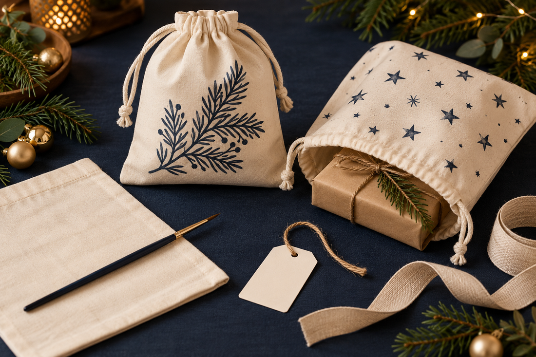 Ilustración de bolsas de tela crema con ramas y estrellas azules, pincel, muestra y etiqueta de regalo