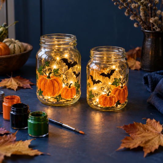 Pintar tarros para Halloween: calabazas, murciélagos y luces LED