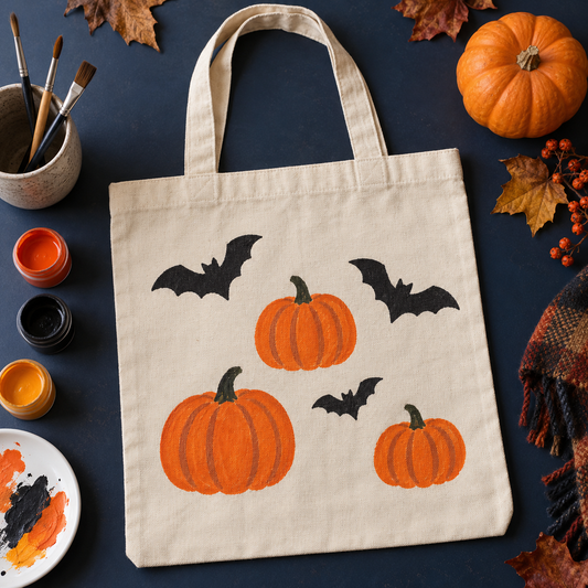 Pintar una bolsa de Halloween: calabazas y murciélagos sobre tela