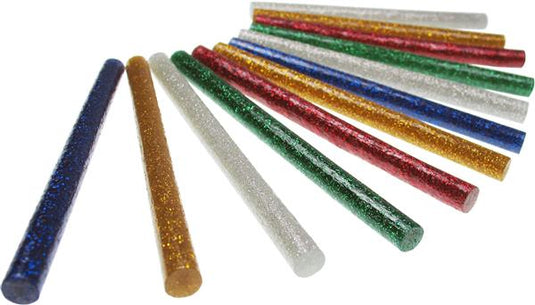 Doce barras de pegamento con purpurina Meyco azules, doradas, plateadas, verdes y rojas en abanico