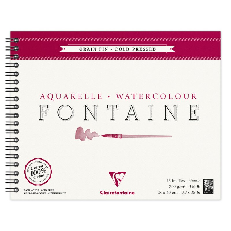 Clairefontaine Fontaine Aquarelblok 300 g Fijne Korrel - 24 x 30 cm - spiraal - 12 hojas