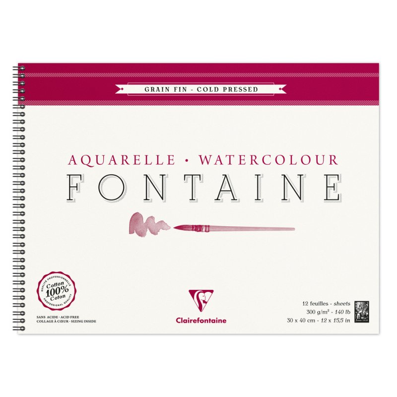 Clairefontaine Fontaine Aquarelblok 300 g Fijne Korrel - 30 x 40 cm - spiraal - 12 hojas