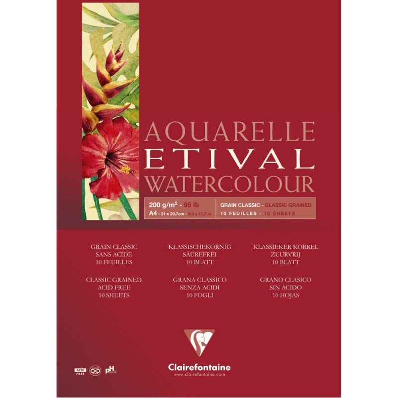 Clairefontaine Etival Aquarelblok Klassieke Korrel - 200 g - A4 - 1 zijde gelijmd - 10 hojas
