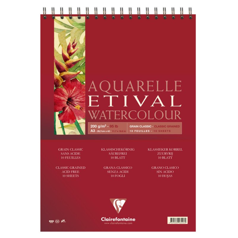Clairefontaine Etival Aquarelblok Klassieke Korrel - 200 g - A3 - spiraal - 10 hojas