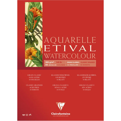 Clairefontaine Etival Aquarelblok Klassieke Korrel - 300 g - A3 - 1 zijde gelijmd - 10 hojas