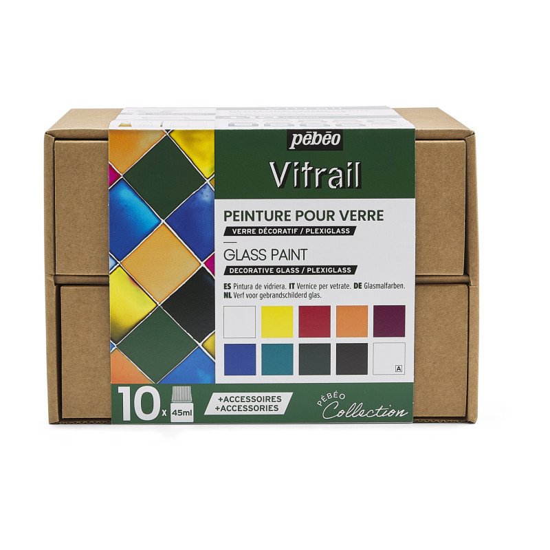 Pebeo Vitrail Pintura para vidrio Sets - Workbox Assortment - 10 x 45 ml
