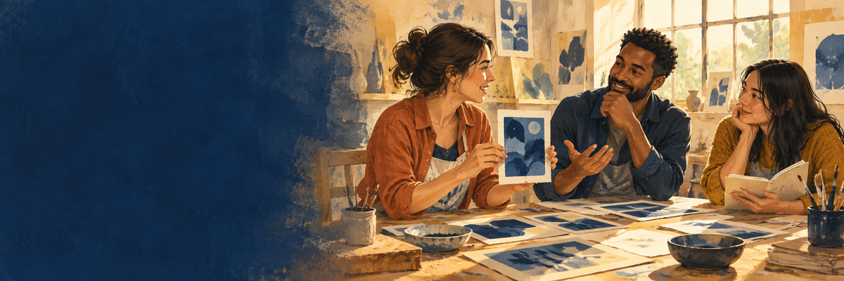 Ilustración de tres adultos compartiendo sus creaciones e ideas en un estudio soleado