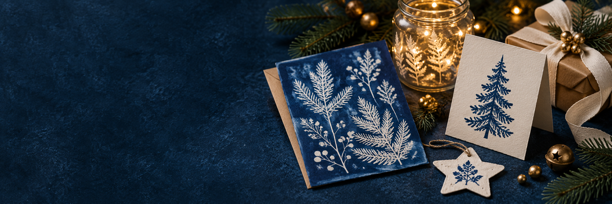 Ilustración de tarjetas navideñas de cianotipia botánica, una tarjeta estampada, luz LED y un regalo envuelto