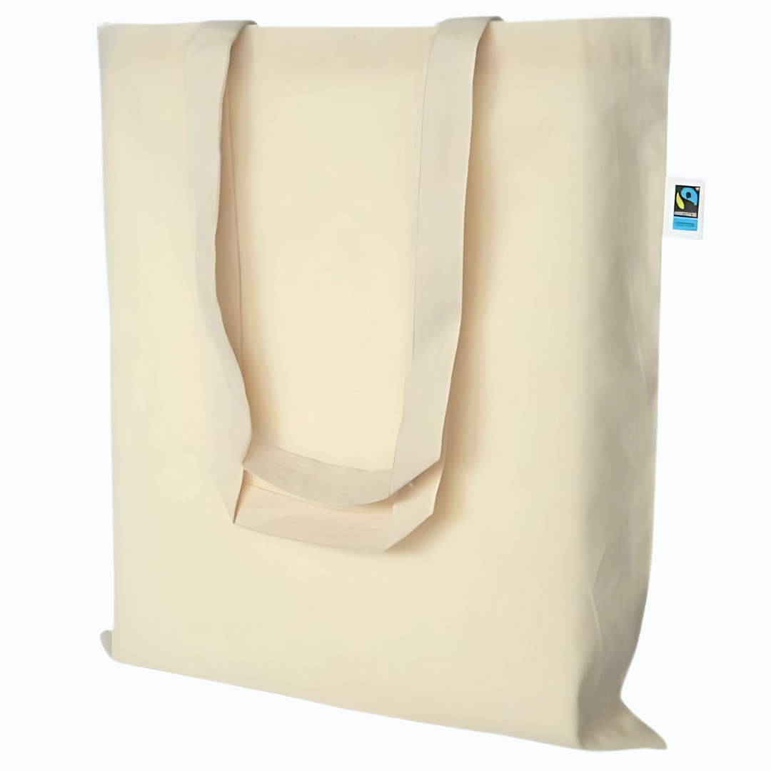 Fairtrade katoenen draagtas ecru – zijkant met lange hengsels – ideaal voor cyanotypie prints