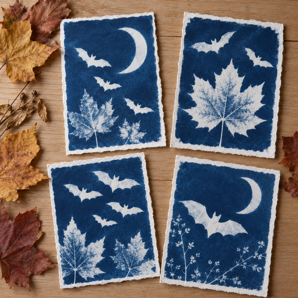 Cianotipias de Halloween con murciélagos, luna y hojas de otoño