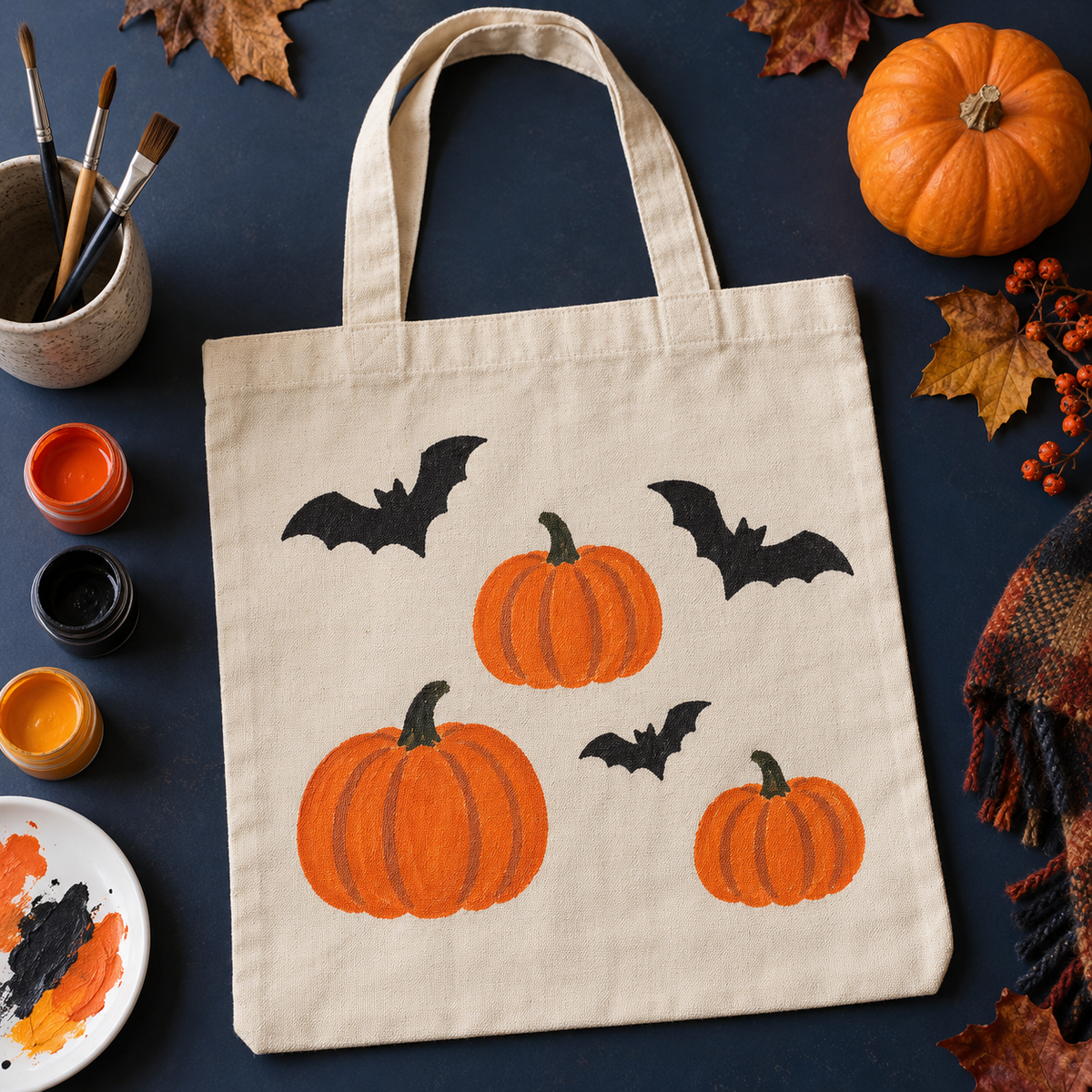 Pintar una bolsa de Halloween: calabazas y murciélagos sobre tela