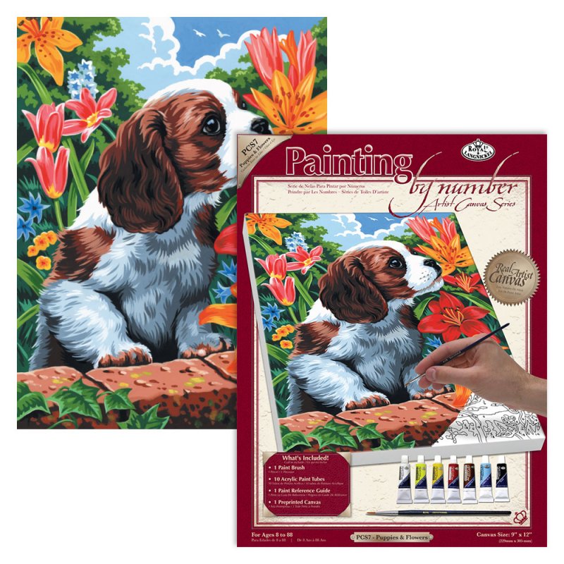 R&L Artist Canvas A4 Pintar por números - Puppy & Flowers